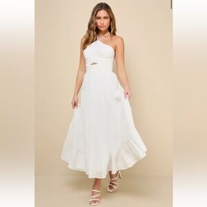 Lulu’s Effortless Sweetness White Ruched Lace-Up Tiered Midi Dress Sz M